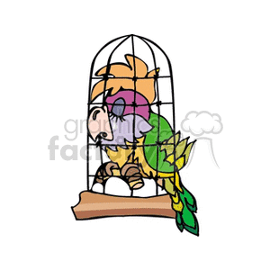 A colorful parrot with green, purple, pink, and orange feathers sitting inside a cage, perched on a wooden perch.