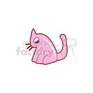 The image is a simple illustration of a pink cat. The cat is sitting and facing to the left with what appears to be a surprised or focused expression, having one large blue eye visible. The style is cartoony with clean lines, making it resemble something one might find in a children's book or as a cute icon.