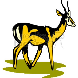 The image is a stylized clipart of an animal that resembles an antelope or gazelle. It features bold yellow and black colors and is depicted in a standing pose with its head turned to the side as if it's looking at something. The animal has long, slender legs, a lean body, and distinctive antlers or horns, which is characteristic of gazelles and antelopes.