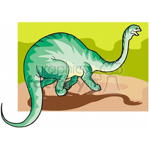 This clipart image features a stylized representation of a long-necked dinosaur, which resembles a sauropod, walking on a barren landscape with a greenish-yellow background, suggesting an ancient Earth setting.
