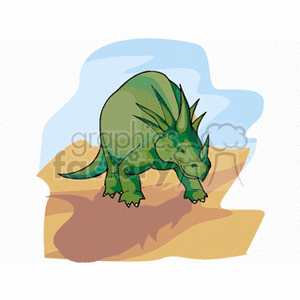 The image contains a cartoon representation of a Triceratops, a type of herbivorous dinosaur that lived during the late Cretaceous period. The dinosaur is depicted with its distinctive three horns on its face and a large frill extending from the back of its skull.