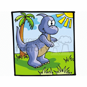 The image is a colorful cartoon of a cute, friendly-looking dinosaur standing upright on a grassy ground with a sun shining in the background and a palm tree. The dinosaur appears happy and playful, evoking a fun and lighthearted mood, suitable for children's content or as a whimsical representation of ancient creatures in a modern, approachable style.