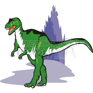 The image is a cartoon-style illustration of a green and white dinosaur that is reminiscent of a Tyrannosaurus rex, standing upright with a toothy grin. The dinosaur has a large head, a long tail, and is depicted in a side profile view, with mountains or rock formations in the background.