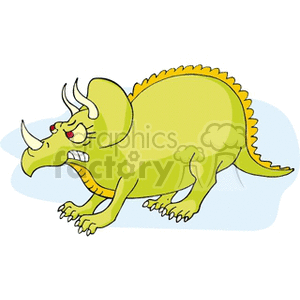 This is a cartoon image of a stylized, green dinosaur with characteristics similar to a Triceratops. The dinosaur has horns, a distinctive frill on the back of its head, and a row of spikes or plates along its back. It's shown in profile and appears to be walking.