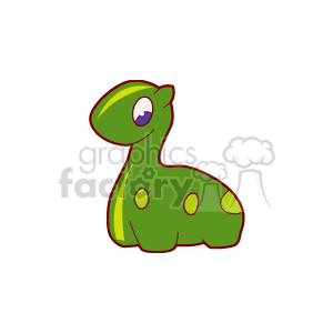   The clipart image features a stylized, cartoon-like drawing of a green dinosaur. This cute dinosaur has a friendly appearance with a big eye, a smiling expression, and several darker green spots on its body. There