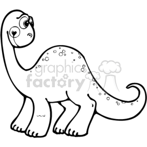 The clipart image depicts a black-and-white outline drawing of a dinosaur, specifically a diplodocus, standing on all four legs . It has a long tail, and a smile