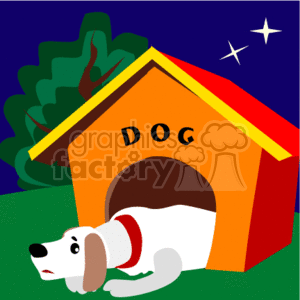 This image depicts a dog laying down outside in its kennel, half sticking out. There are stars in the sky and a tree in the background. 