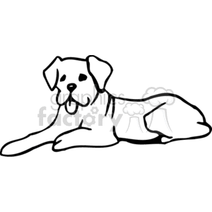 The image is a simple black and white line art clipart of a dog. The dog is lying down with its front legs stretched out. It has floppy ears, a visible collar, and its tongue is slightly sticking out.