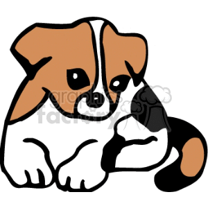 The image is a clipart illustration of a cute, stylized puppy. The dog features prominent eyes, a brown and black coat with white accents, and a cartoonish design.