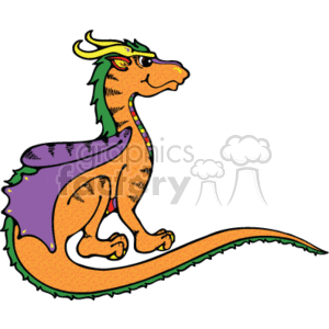   The image is of a stylized cartoon dragon that has an orange body, with purple wings, and a green mane or crest on its head. It has a whimsical or friendly appeal, consistent with a fantasy or medieval theme often associated with mythical creatures like dragons. The design of the dragon gives it a playful, country-style look, which would fit well in children