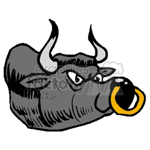 This clipart image features the head of a bull. It has horns pointing upwards, a determined or gruff expression on its face, and a prominent nose ring, which is often associated with bulls on farms or used in rodeos.