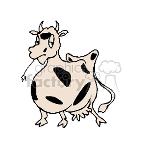 The image is a simple clipart illustration of a cow. The cow is standing and facing to the side, with a few large black spots on its body and a small tuft of hair at the end of its tail. 