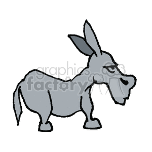 The clipart image depicts a grey donkey with an expression that could be interpreted as disgruntled or annoyed. The donkey is portrayed in a standing pose, with its ears upright and facing forward, which might be contributing to the impression of its mood.