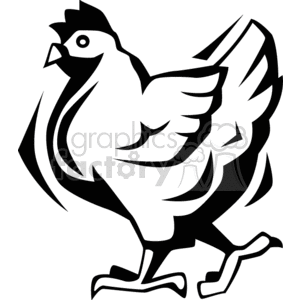 The image depicts a stylized black and white clipart of a chicken. The chicken is shown in profile with its details accentuated to create a bold, graphic look that is common in clipart. It appears to be standing with a confident posture.