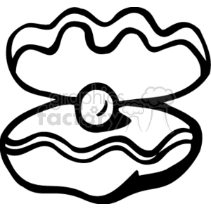 The image shows a simple black and white clipart of an oyster with its shell slightly open, revealing a pearl inside.