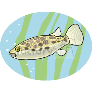 This clipart image shows a stylized fish with patterns of spots over its body, swimming underwater with green aquatic plants in the background and bubbles indicating movement.