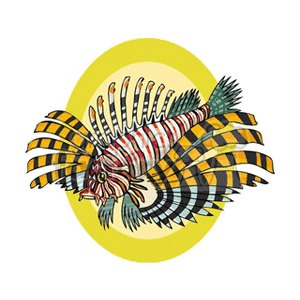 The clipart image features a colorful tropical fish, specifically resembling a lionfish, with prominent striped fins and a patterned body. The background is a simple yellow circle, highlighting the fish.