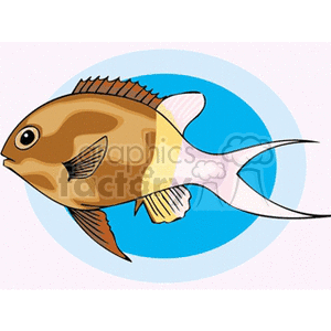 This clipart image shows a stylized illustration of a tropical fish. The fish has a prominent dorsal fin, pointed anal fins, and a forked tail, with a combination of brown and cream coloration. It's set against a blue circular backdrop that resembles water.