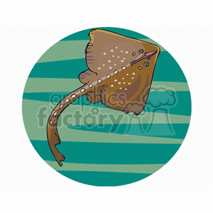 The clipart image shows an illustrated stingray, which is a type of tropical, exotic marine animal. It is depicted with a characteristic long tail and spots on its back, swimming against a backdrop of blue water with horizontal stripes, possibly indicating movement or waves.