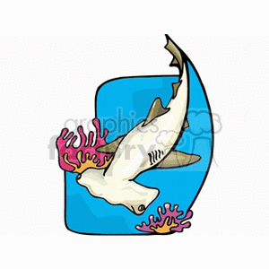 The clipart image features a hammerhead shark swimming in the ocean. It's surrounded by coral and depicted in a stylized manner with a blue water background.