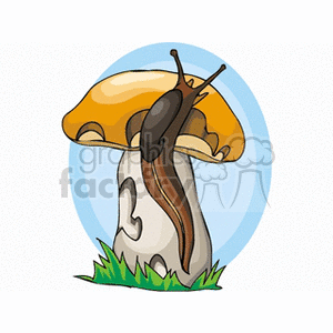 The clipart image shows a slug climbing on a mushroom. The slug is brown and positioned on the cap of a large yellow mushroom, which is growing on a white stump with black markings. There is a small patch of grass at the base of the stump.