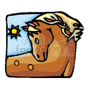 The clipart image depicts a stylized illustration of a horse with a sun and a blue sky in the background.
