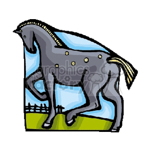 A clipart image depicting a gray horse with a short mane and tail, standing on a green field with a blue sky background. The horse has dots on its sides and there is a fence in the distance.