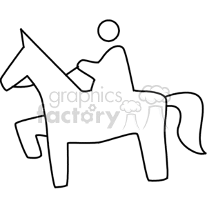 Simple black and white line drawing of a person riding a horse in clipart style.