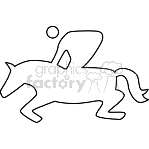 Simple black and white line drawing of a person riding a horse, depicted in a stylistic and minimalist manner.