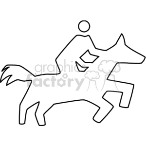 A simple line drawing of a person riding a horse, depicting the horse in motion with its legs and tail raised.