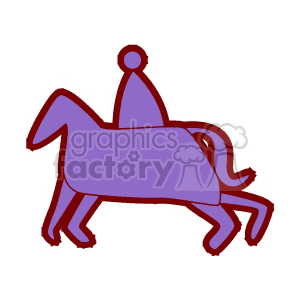 A simple purple clipart image of a person riding a horse, outlined in red.