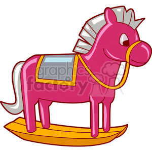 A clipart image of a pink rocking horse with a yellow saddle and bridle.