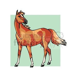 A colorful clipart image of a horse standing with a proud posture, featuring a mix of orange and brown hues with a green background.
