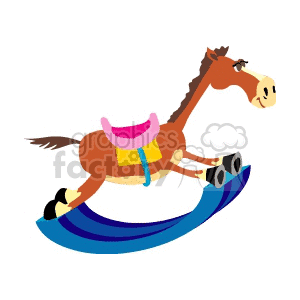 Clipart image of a rocking horse with a colorful saddle.