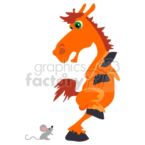 A clipart illustration of an orange horse standing on its hind legs, appearing startled by a small gray mouse in front of it.