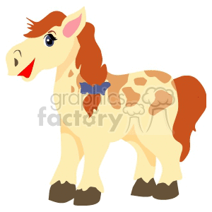 A cute cartoon-style clipart image of a beige horse with brown spots, a brown mane and tail, and a blue ribbon in its mane.