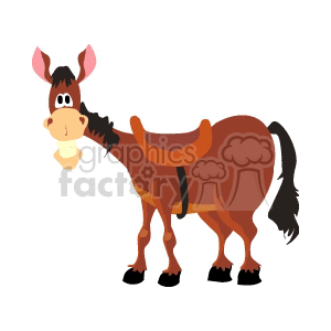 A cartoon illustration of a brown horse with a saddle on its back.