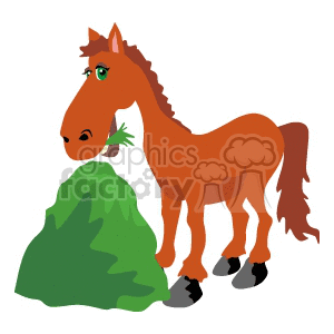 A clipart image of a brown horse eating grass from a green bush.
