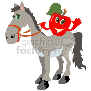 A clipart image of a gray horse with black hooves and mane. On its back, there is a smiling red apple with eyes, a mouth, and a leaf on the stem, cheerfully waving.