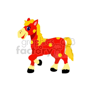 A colorful clipart image of a cheerful red cartoon horse with yellow mane and tail, adorned with yellow spots.