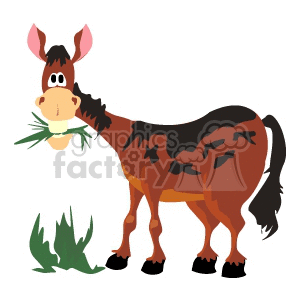 A cartoon clipart image of a brown horse eating grass with a comical expression.