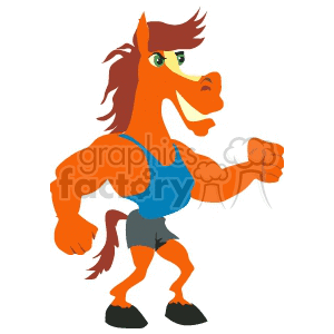 This clipart image features a muscular, anthropomorphic horse in a blue tank top and gray shorts, posing confidently with a fist raised.