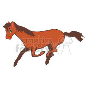 Clipart image of a brown horse running with a playful expression.