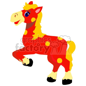 A bright red cartoon horse with yellow spots and mane, appearing joyful and playful.