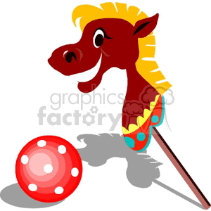 Clipart image of a stick horse toy with a smiling horse head and a red ball adorned with white spots.