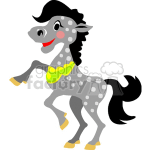 A playful clipart image of a cartoon horse with a gray body, white spots, a black mane and tail, a yellow collar, and a friendly expression.