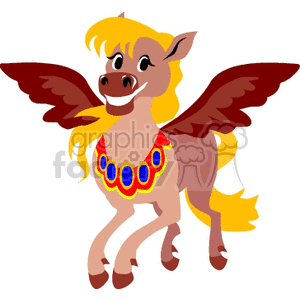 A colorful, cartoonish pegasus with brown wings, a yellow mane, and a decorative necklace.