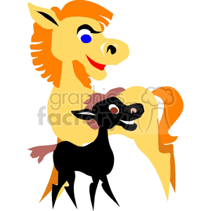 Colorful clipart image of a yellow and orange horse with a mane and tail, standing beside a smaller black foal. Both animals have happy expressions and are playfully illustrated.