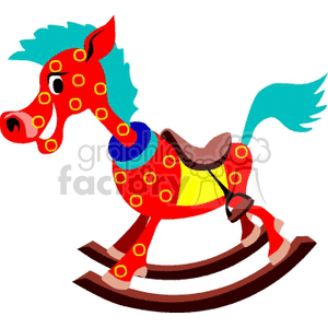 Clipart image of a colorful rocking horse with a red body, yellow spots, blue mane, and tail.