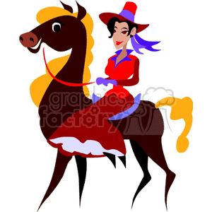Clipart of a woman in a red and purple outfit, wearing a hat, riding a brown horse with a yellow mane.